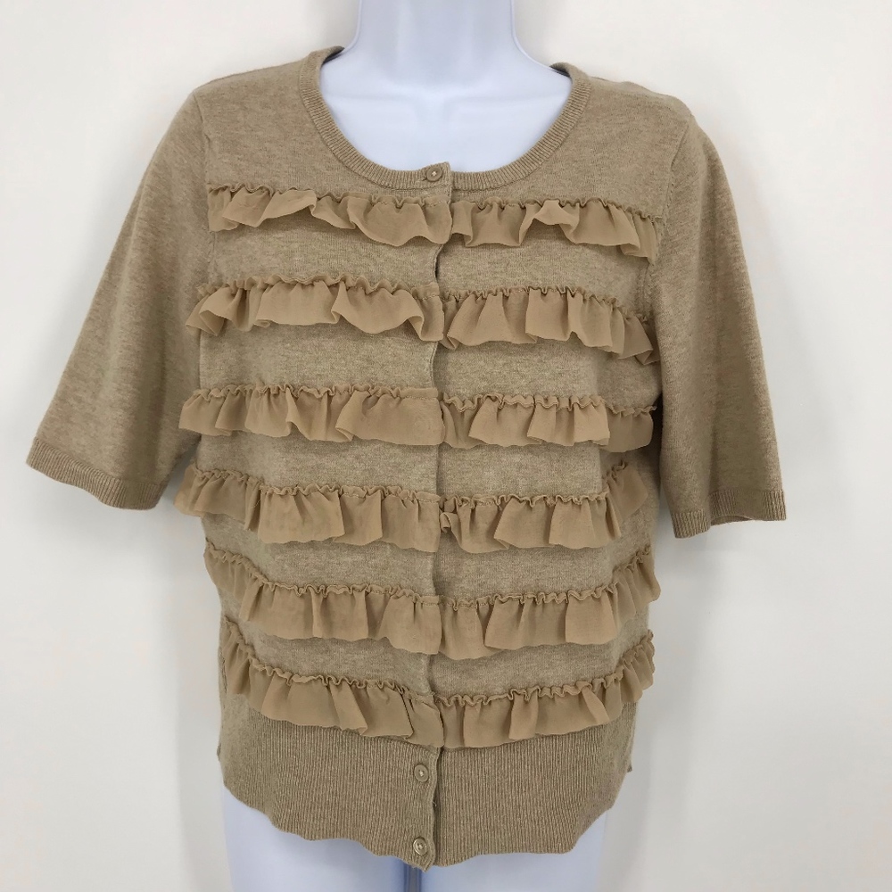 Tan Chiffon Ruffle Front Short Sleeve Cardigan